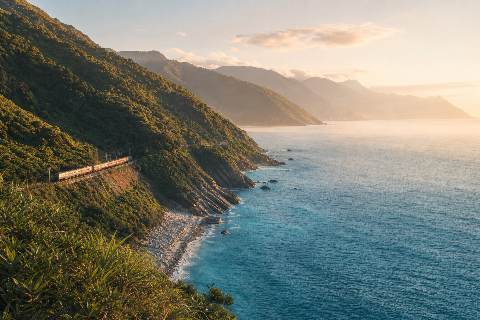 晨光下沿著台灣東海岸山海行駛的火車